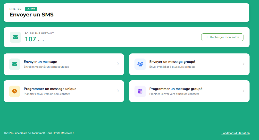 Tableau de bord Kanimmo SMS